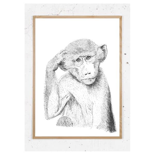 Plakat med tænkende macca abe